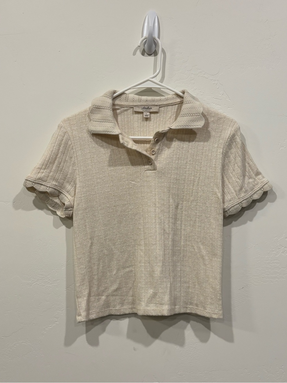 Aritzia Cream Ribbed Polo Top with Scalloped Sleeves